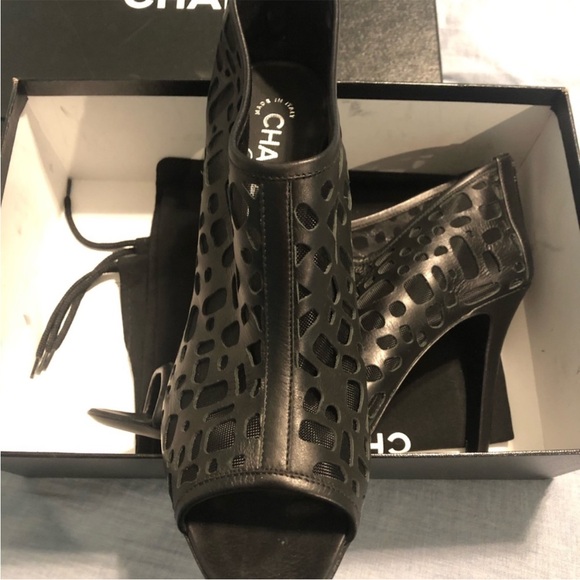Chanel Black Leather Cutout Mesh Open toe Booties - Picture 5 of 7